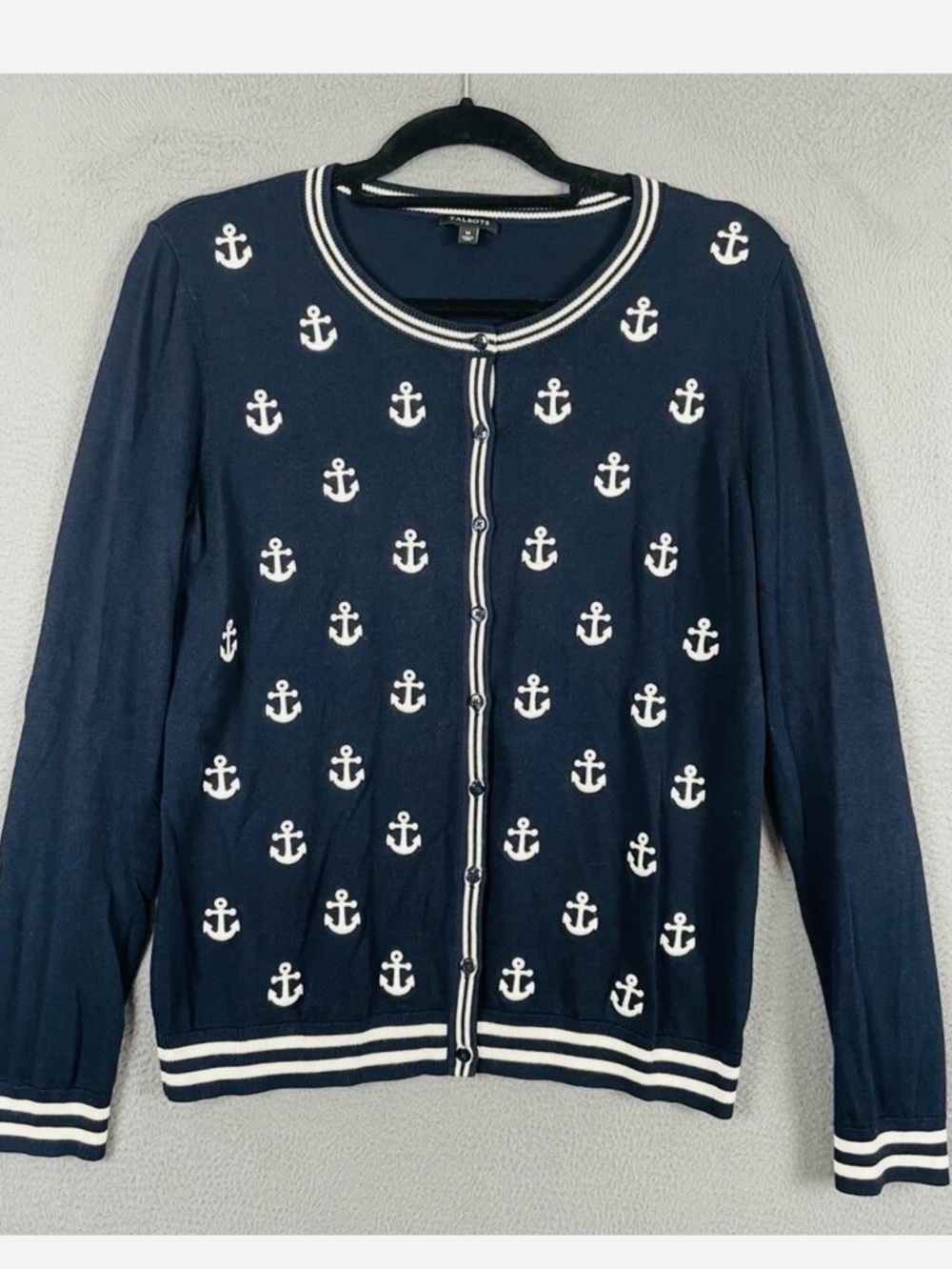 Talbots Navy Cardigan with White Anchor Nautical Motif, Cotton-Blend, XL
